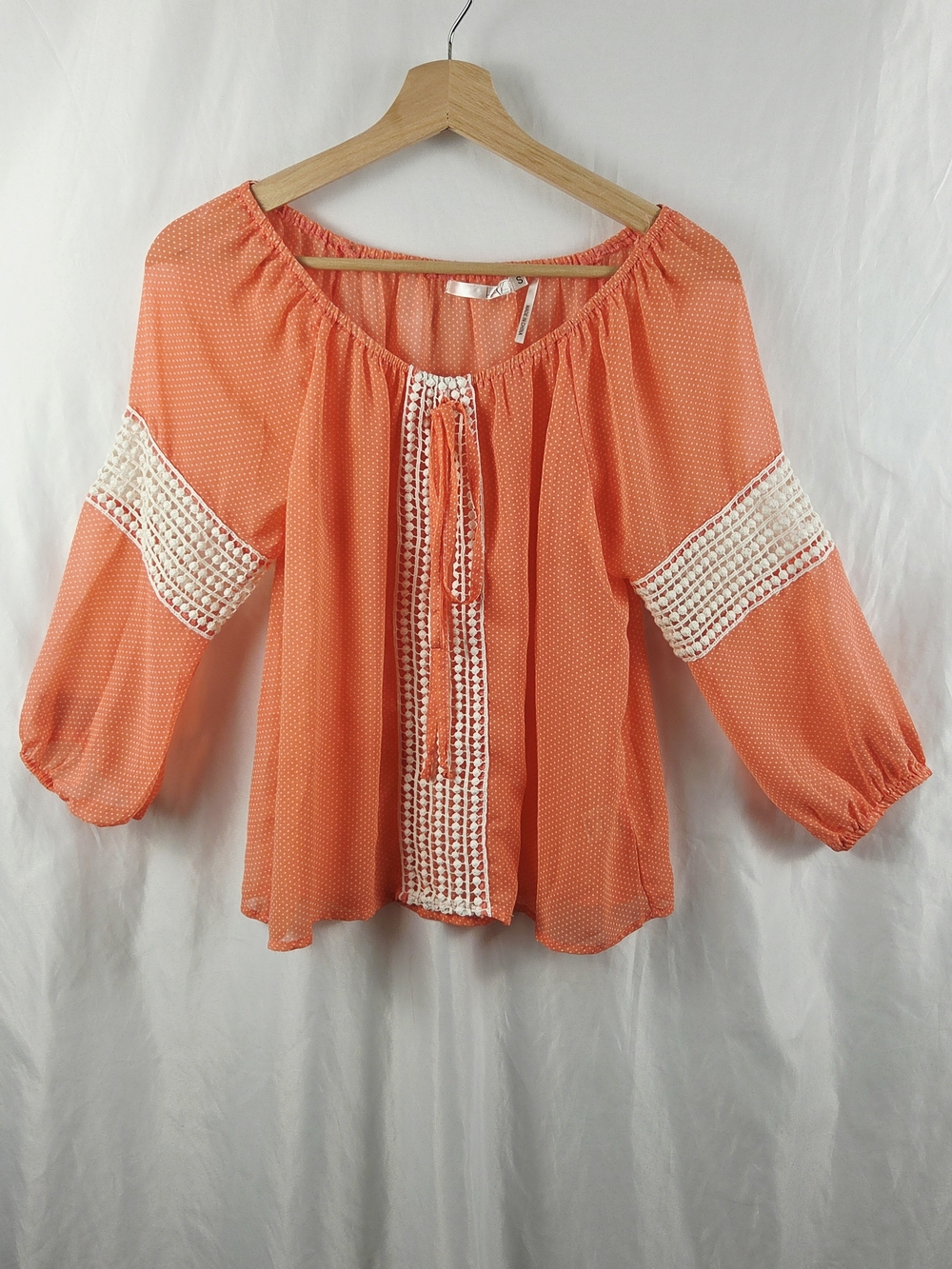 Have Women's Peasant Blouse with Crochet Trim Tie Front Detail 3/4 Sleeve Small